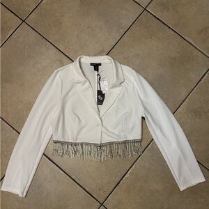 Sincerely Jules White Cropped Blazer with Silver Fringe Trim